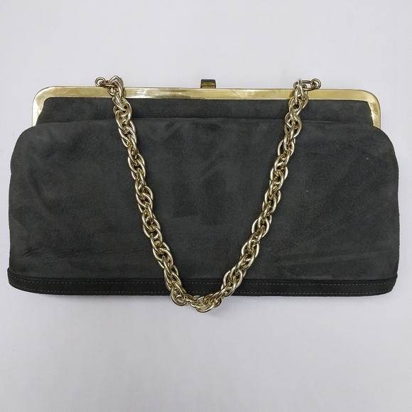 1950s Suede Shoulder Bag Convertible Clutch Madwed Gray Foldover Gold Chain - Picture 3 of 9